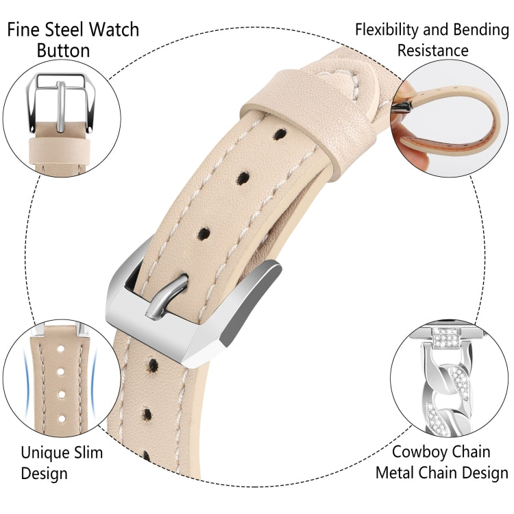 For Apple Watch Series 8 45mm Rhinestone Denim Chain Leather Watch Band(Apricot) - Watch Bands by PMC TechLife | Online Shopping South Africa | PMC TechLife | Buy Now Pay Later Mobicred