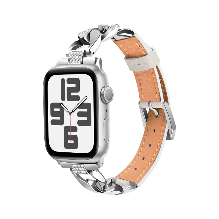 For Apple Watch SE 2022 44mm Rhinestone Denim Chain Leather Watch Band(Beige) - Watch Bands by PMC TechLife | Online Shopping South Africa | PMC TechLife | Buy Now Pay Later Mobicred