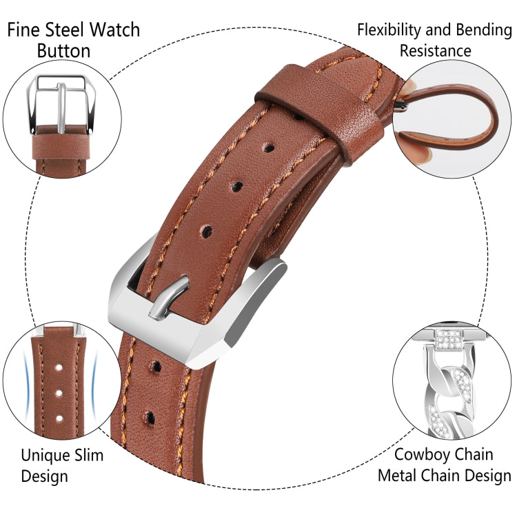 For Apple Watch SE 2022 44mm Rhinestone Denim Chain Leather Watch Band(Brown) - Watch Bands by PMC TechLife | Online Shopping South Africa | PMC TechLife | Buy Now Pay Later Mobicred