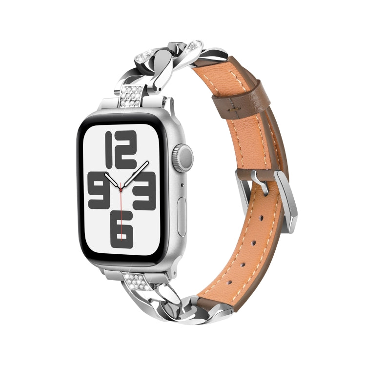 For Apple Watch SE 2022 44mm Rhinestone Denim Chain Leather Watch Band(Dark Brown) - Watch Bands by PMC TechLife | Online Shopping South Africa | PMC TechLife | Buy Now Pay Later Mobicred