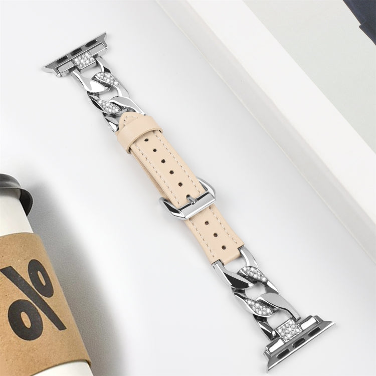 For Apple Watch Series 7 41mm Rhinestone Denim Chain Leather Watch Band(Apricot) - Watch Bands by PMC TechLife | Online Shopping South Africa | PMC TechLife