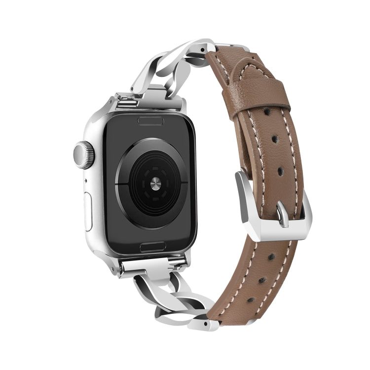 For Apple Watch Series 6 44mm Rhinestone Denim Chain Leather Watch Band(Dark Brown) - Watch Bands by PMC TechLife | Online Shopping South Africa | PMC TechLife | Buy Now Pay Later Mobicred