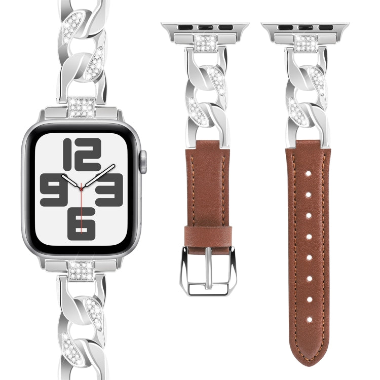 For Apple Watch Series 5 44mm Rhinestone Denim Chain Leather Watch Band(Brown) - Watch Bands by PMC TechLife | Online Shopping South Africa | PMC TechLife