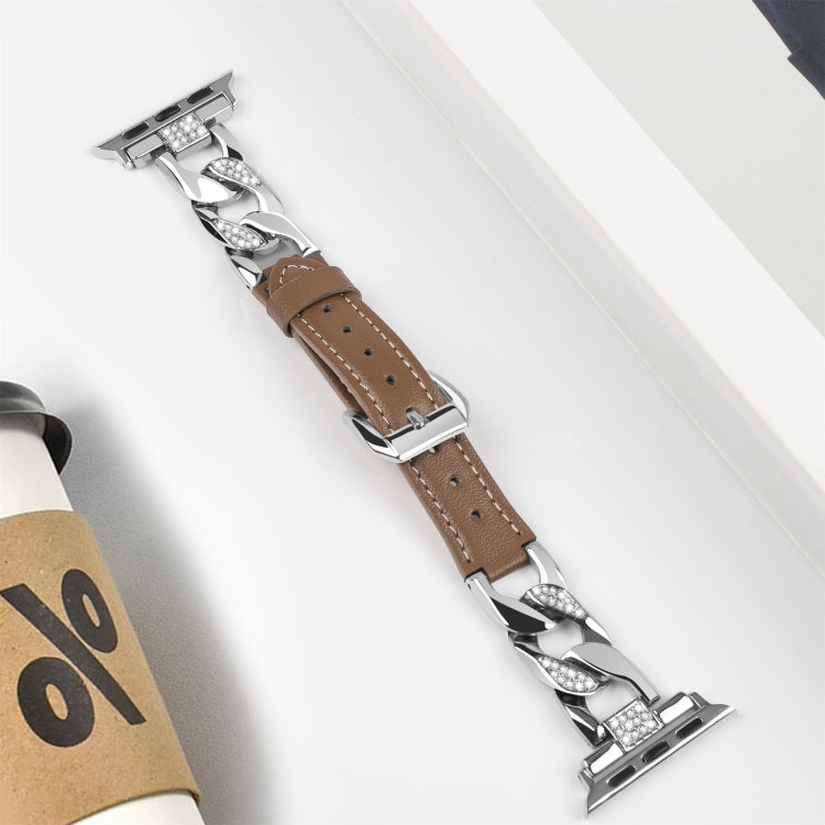 For Apple Watch Series 5 44mm Rhinestone Denim Chain Leather Watch Band(Dark Brown) - Watch Bands by PMC TechLife | Online Shopping South Africa | PMC TechLife