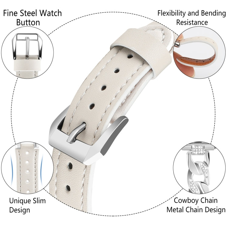 For Apple Watch Series 4 44mm Rhinestone Denim Chain Leather Watch Band(Beige) - Watch Bands by PMC TechLife | Online Shopping South Africa | PMC TechLife | Buy Now Pay Later Mobicred