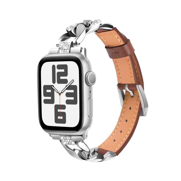 For Apple Watch Series 4 40mm Rhinestone Denim Chain Leather Watch Band(Brown) - Watch Bands by PMC TechLife | Online Shopping South Africa | PMC TechLife | Buy Now Pay Later Mobicred