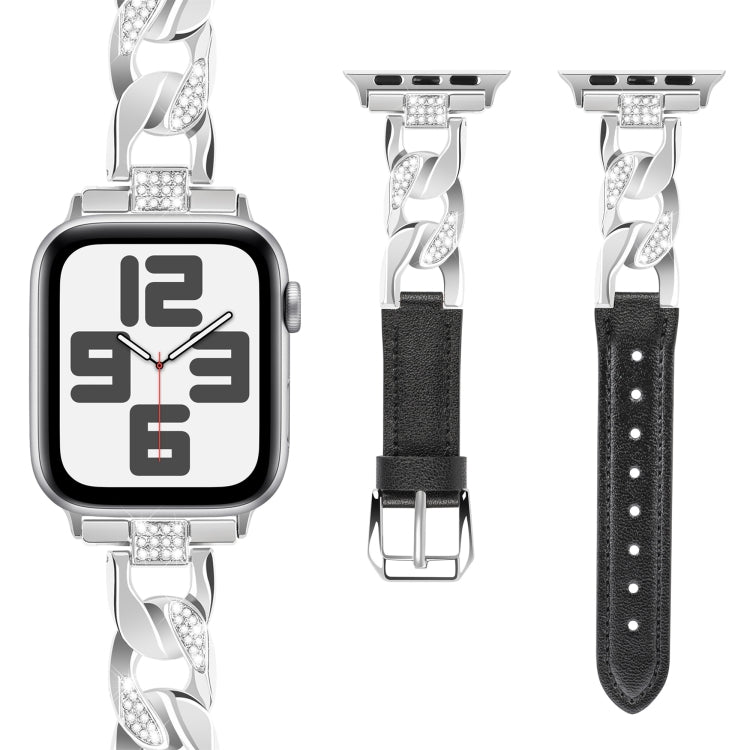 For Apple Watch Series 3 38mm Rhinestone Denim Chain Leather Watch Band(Black) - Watch Bands by PMC TechLife | Online Shopping South Africa | PMC TechLife | Buy Now Pay Later Mobicred