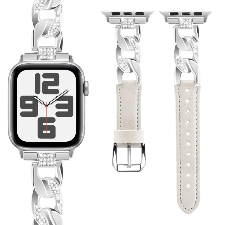 For Apple Watch Series 3 42mm Rhinestone Denim Chain Leather Watch Band(Beige) - Watch Bands by PMC TechLife | Online Shopping South Africa | PMC TechLife | Buy Now Pay Later Mobicred
