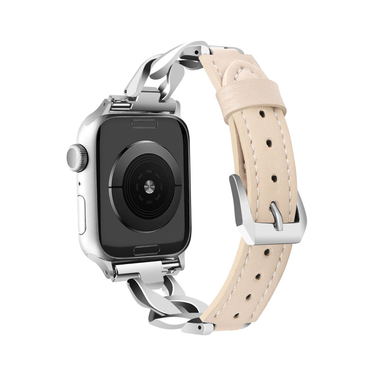 For Apple Watch Series 3 42mm Rhinestone Denim Chain Leather Watch Band(Apricot) - Watch Bands by PMC TechLife | Online Shopping South Africa | PMC TechLife | Buy Now Pay Later Mobicred