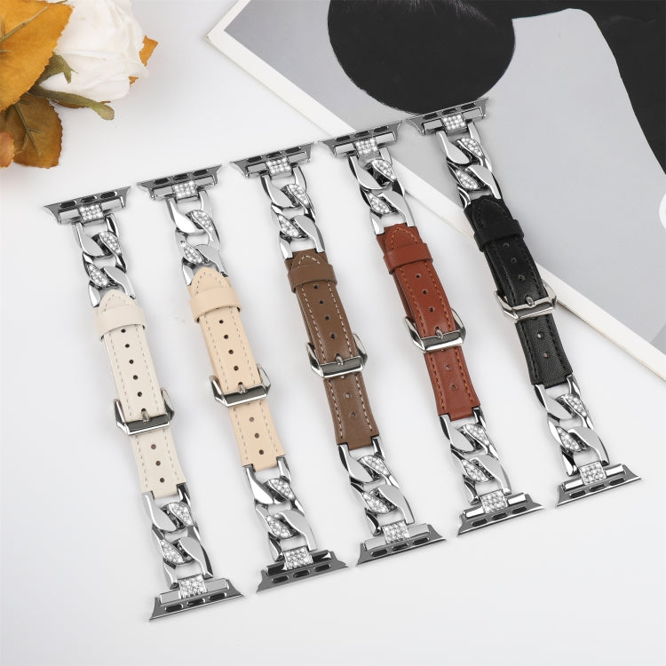 For Apple Watch Series 4 44mm Rhinestone Denim Chain Leather Watch Band(Beige) - Watch Bands by PMC TechLife | Online Shopping South Africa | PMC TechLife | Buy Now Pay Later Mobicred