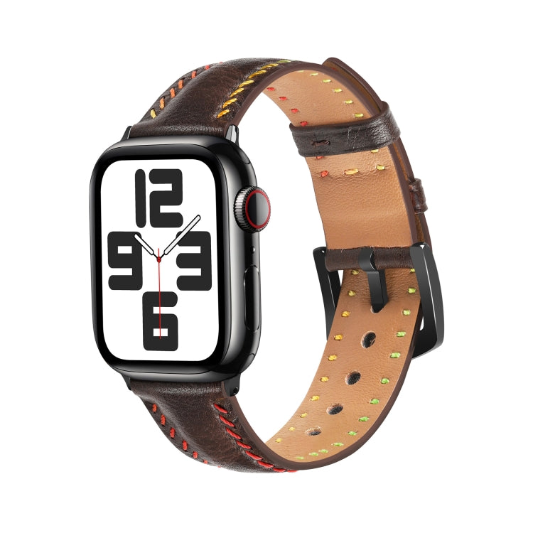 For  Apple Watch SE 2023 44mm Colorful Sewing Thread Leather Watch Band(Dark Brown) - Watch Bands by PMC TechLife | Online Shopping South Africa | PMC TechLife | Buy Now Pay Later Mobicred