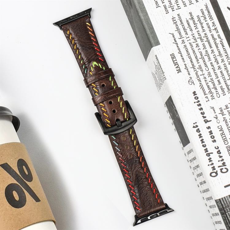 For  Apple Watch SE 2023 44mm Colorful Sewing Thread Leather Watch Band(Dark Brown) - Watch Bands by PMC TechLife | Online Shopping South Africa | PMC TechLife | Buy Now Pay Later Mobicred