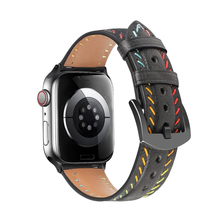 For Apple Watch Ultra 2 49mm Colorful Sewing Thread Leather Watch Band(Black) - Watch Bands by PMC TechLife | Online Shopping South Africa | PMC TechLife | Buy Now Pay Later Mobicred