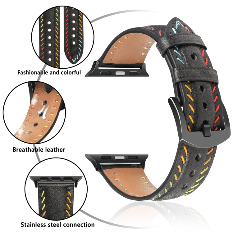 For Apple Watch Series 9 45mm Colorful Sewing Thread Leather Watch Band(Black) - Watch Bands by PMC TechLife | Online Shopping South Africa | PMC TechLife | Buy Now Pay Later Mobicred