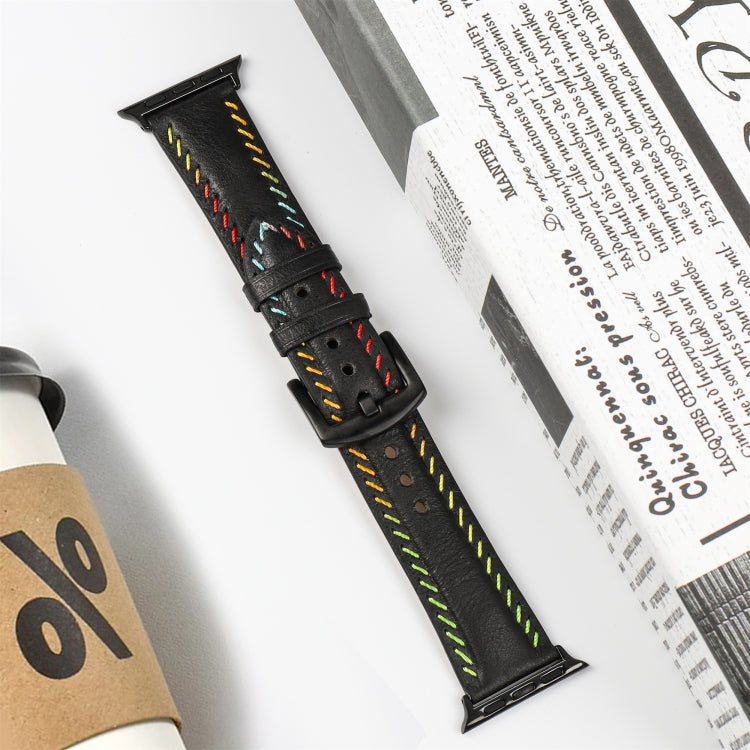 For Apple Watch Series 9 45mm Colorful Sewing Thread Leather Watch Band(Black) - Watch Bands by PMC TechLife | Online Shopping South Africa | PMC TechLife | Buy Now Pay Later Mobicred