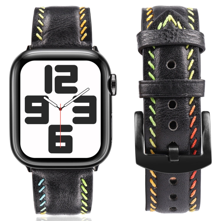 For Apple Watch Ultra 49mm Colorful Sewing Thread Leather Watch Band(Black) - Watch Bands by PMC TechLife | Online Shopping South Africa | PMC TechLife | Buy Now Pay Later Mobicred