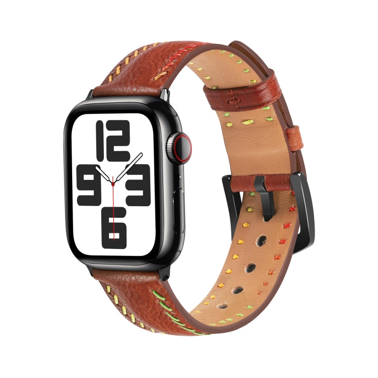 For Apple Watch Series 8 41mm Colorful Sewing Thread Leather Watch Band(Brown) - Watch Bands by PMC TechLife | Online Shopping South Africa | PMC TechLife