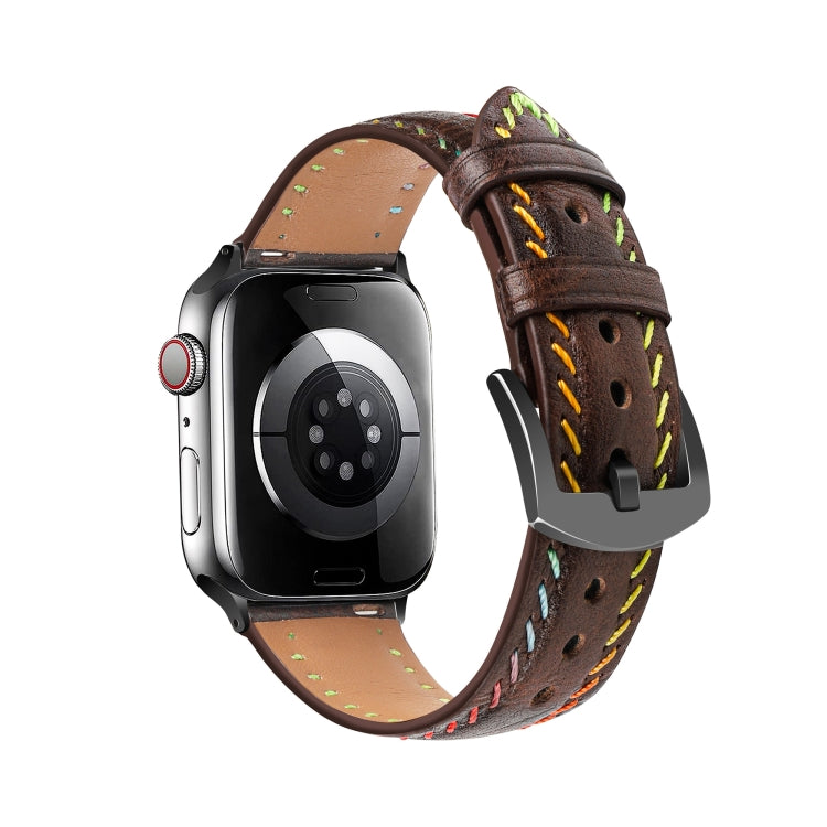 For Apple Watch Series 8 45mm Colorful Sewing Thread Leather Watch Band(Dark Brown) - Watch Bands by PMC TechLife | Online Shopping South Africa | PMC TechLife