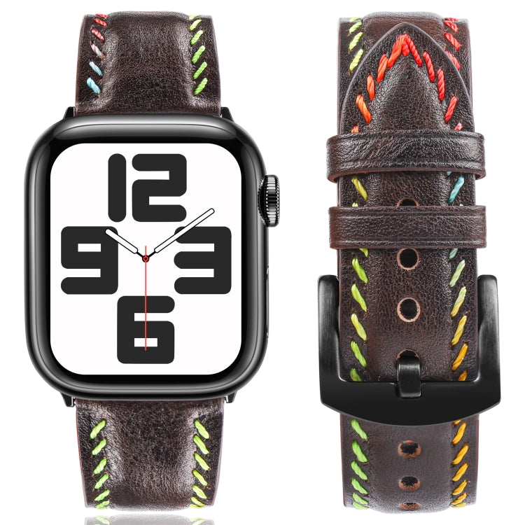 For Apple Watch Series 8 45mm Colorful Sewing Thread Leather Watch Band(Dark Brown) - Watch Bands by PMC TechLife | Online Shopping South Africa | PMC TechLife