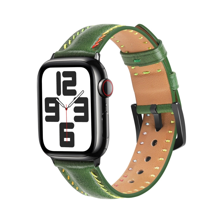 For Apple Watch Series 8 45mm Colorful Sewing Thread Leather Watch Band(Green) - Watch Bands by PMC TechLife | Online Shopping South Africa | PMC TechLife