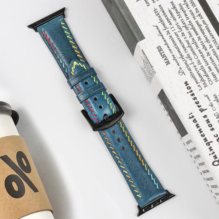 For Apple Watch SE 2022 44mm Colorful Sewing Thread Leather Watch Band(Blue) - Watch Bands by PMC TechLife | Online Shopping South Africa | PMC TechLife