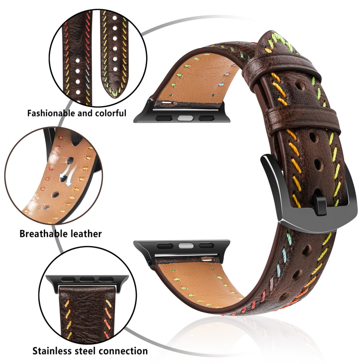 For Apple Watch Series 6 44mm Colorful Sewing Thread Leather Watch Band(Dark Brown) - Watch Bands by PMC TechLife | Online Shopping South Africa | PMC TechLife