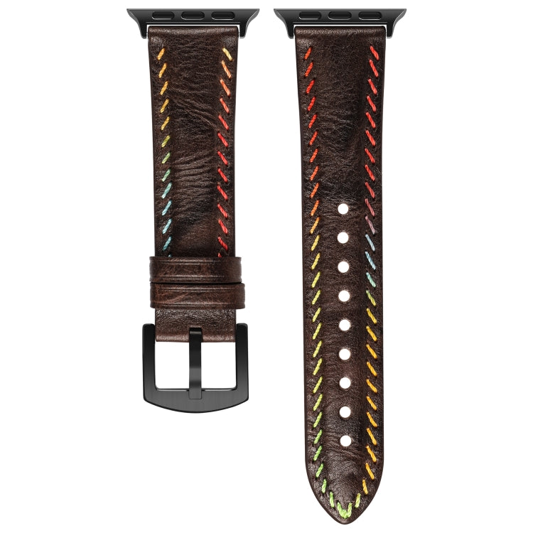 For Apple Watch Series 6 44mm Colorful Sewing Thread Leather Watch Band(Dark Brown) - Watch Bands by PMC TechLife | Online Shopping South Africa | PMC TechLife