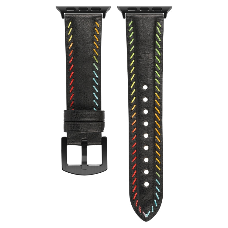 For Apple Watch Series 6 44mm Colorful Sewing Thread Leather Watch Band(Black) - Watch Bands by PMC TechLife | Online Shopping South Africa | PMC TechLife