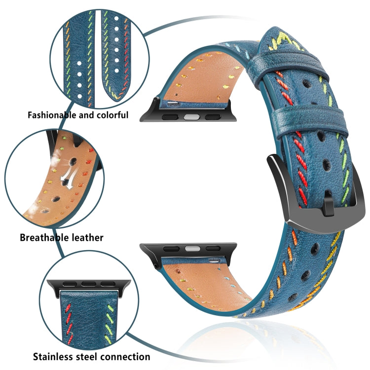 For Apple Watch Series 3 38mm Colorful Sewing Thread Leather Watch Band(Blue) - Watch Bands by PMC TechLife | Online Shopping South Africa | PMC TechLife