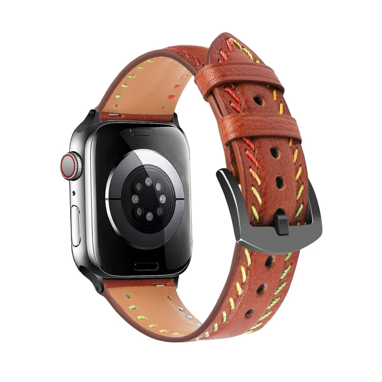 For Apple Watch Series 3 38mm Colorful Sewing Thread Leather Watch Band(Brown) - Watch Bands by PMC TechLife | Online Shopping South Africa | PMC TechLife