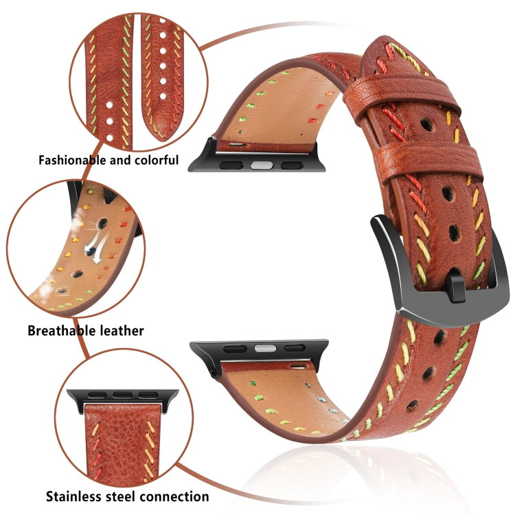For Apple Watch Series 3 38mm Colorful Sewing Thread Leather Watch Band(Brown) - Watch Bands by PMC TechLife | Online Shopping South Africa | PMC TechLife