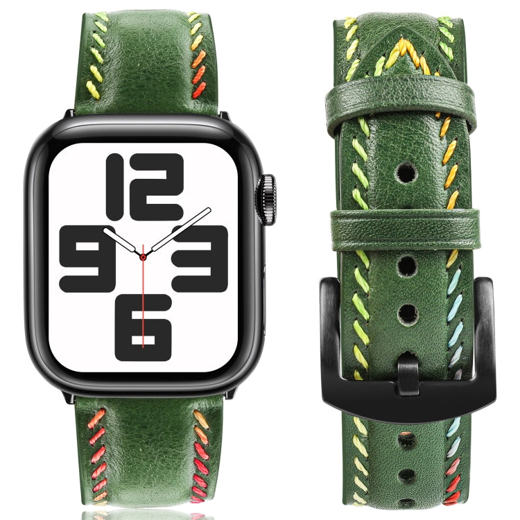 For Apple Watch Series 3 42mm Colorful Sewing Thread Leather Watch Band(Green) - Watch Bands by PMC TechLife | Online Shopping South Africa | PMC TechLife | Buy Now Pay Later Mobicred