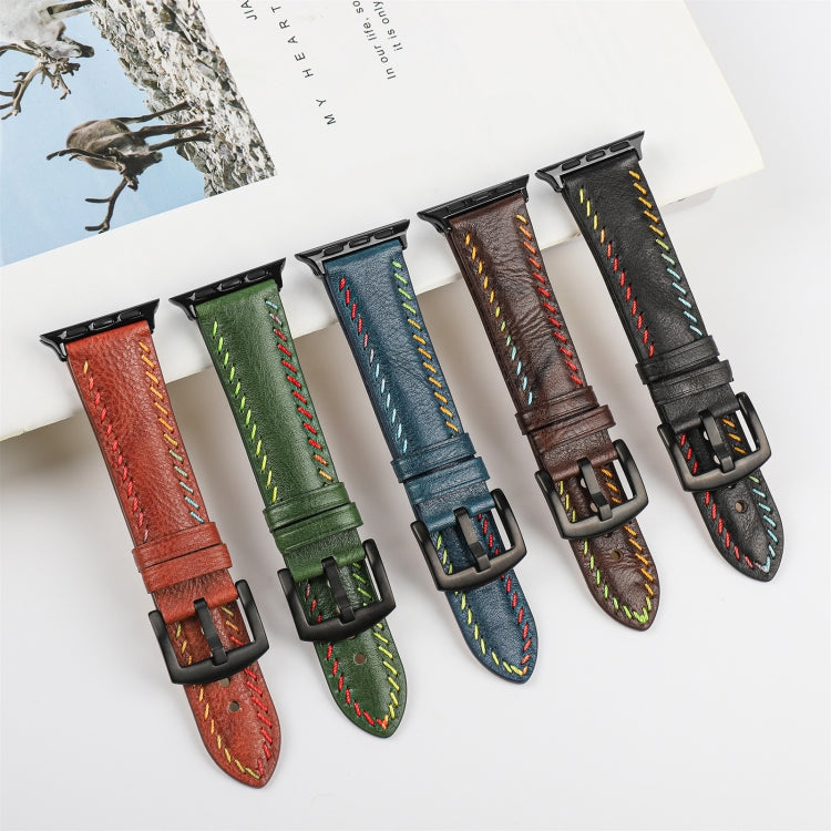 For Apple Watch Series 3 42mm Colorful Sewing Thread Leather Watch Band(Green) - Watch Bands by PMC TechLife | Online Shopping South Africa | PMC TechLife | Buy Now Pay Later Mobicred