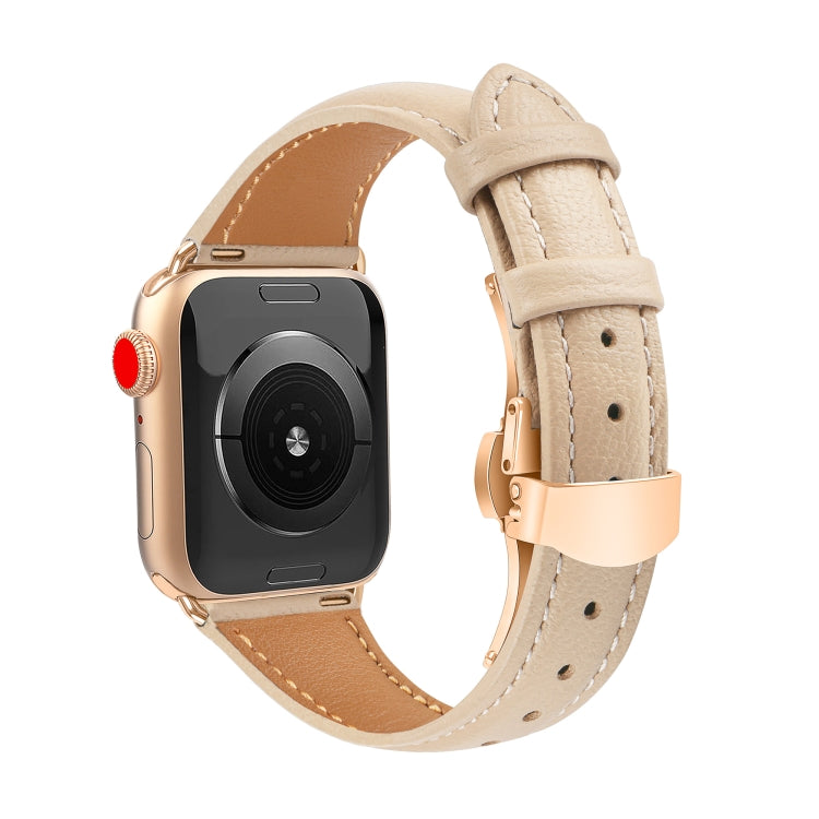 For Apple Watch SE 2023 44mm Plain Leather Butterfly Buckle Watch Band(Apricot+Rose Gold) - free shipping - PMC TechLife - Order now!