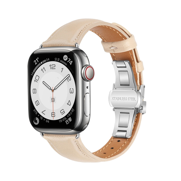 For Apple Watch SE 2023 40mm Plain Leather Butterfly Buckle Watch Band(Apricot+Silver) - free shipping - PMC TechLife - Order now!