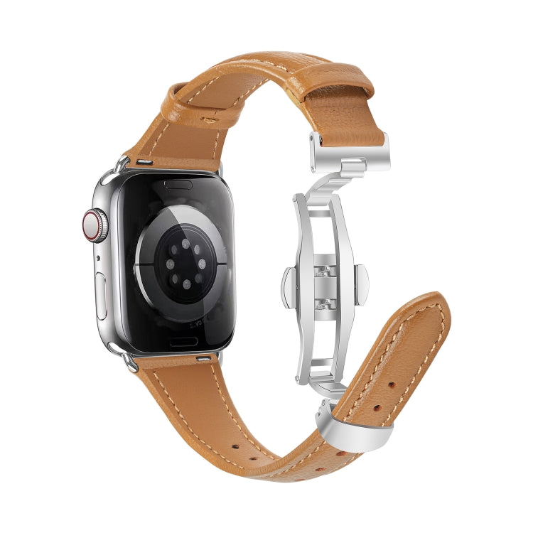 For Apple Watch SE 2023 40mm Plain Leather Butterfly Buckle Watch Band(Brown+Silver) - free shipping - PMC TechLife - Order now!