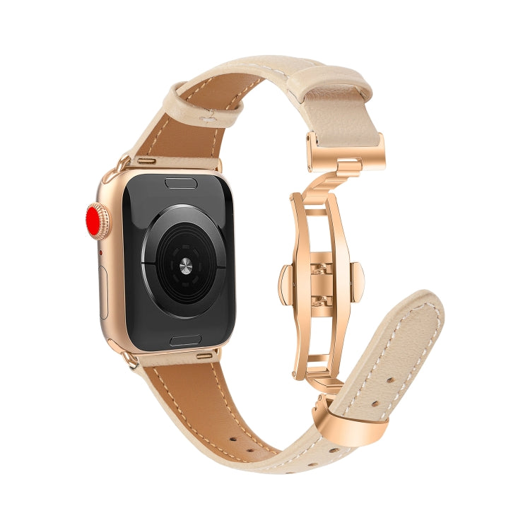 For Apple Watch SE 2023 40mm Plain Leather Butterfly Buckle Watch Band(Apricot+Rose Gold) - free shipping - PMC TechLife - Order now!