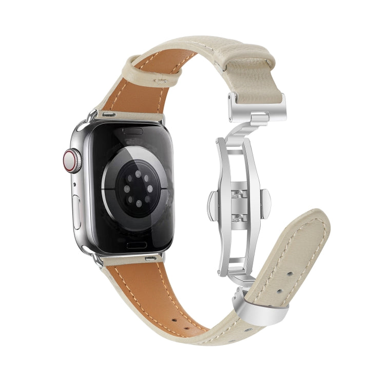 For Apple Watch Series 9 45mm Plain Leather Butterfly Buckle Watch Band(Beige+Silver) - free shipping - PMC TechLife - Order now!
