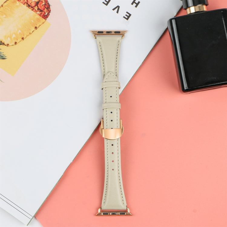 For Apple Watch Series 9 45mm Plain Leather Butterfly Buckle Watch Band(Beige+Rose Gold) - free shipping - PMC TechLife - Order now!