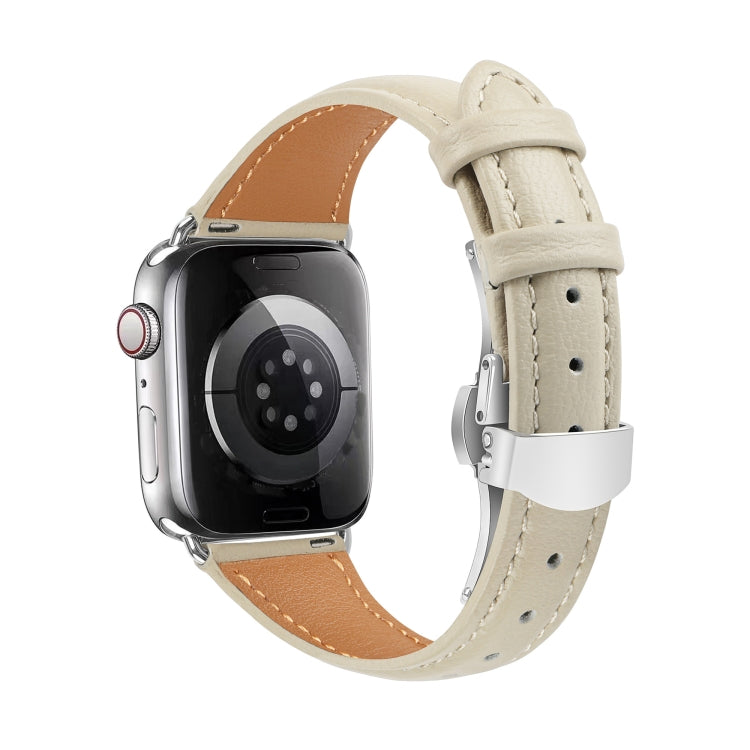 For Apple Watch Series 9 41mm Plain Leather Butterfly Buckle Watch Band(Beige+Silver) - free shipping - PMC TechLife - Order now!