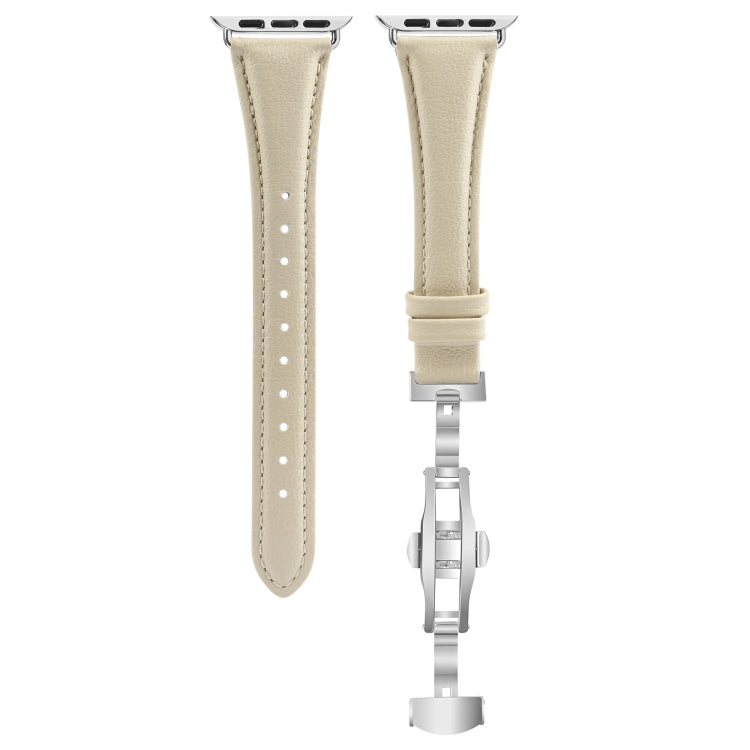 For Apple Watch Series 9 41mm Plain Leather Butterfly Buckle Watch Band(Beige+Silver) - free shipping - PMC TechLife - Order now!