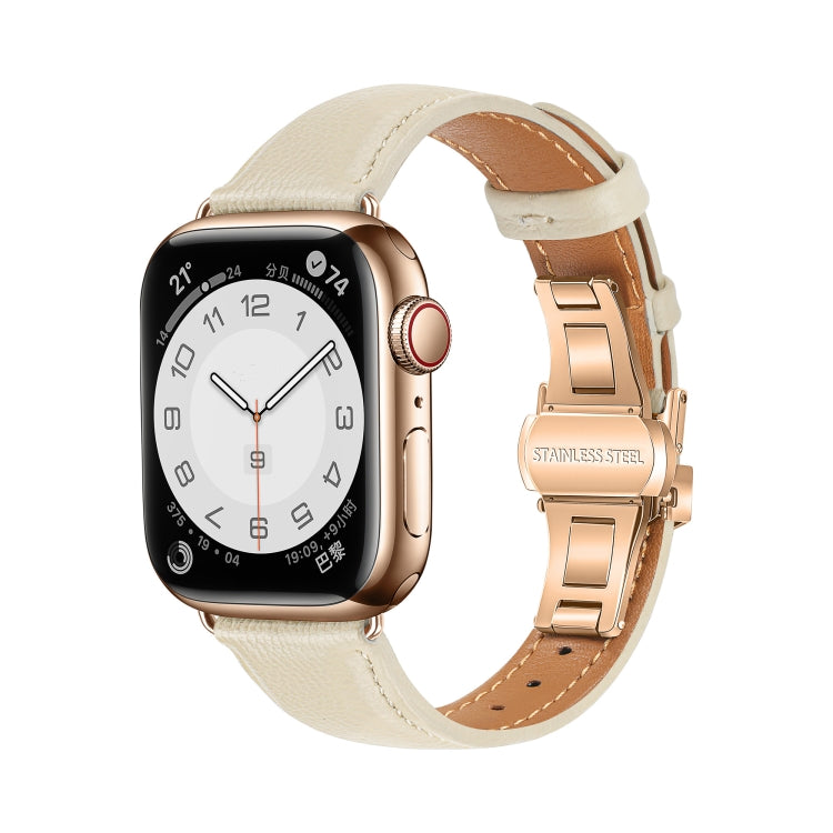 For Apple Watch Series 9 41mm Plain Leather Butterfly Buckle Watch Band(Beige+Rose Gold) - free shipping - PMC TechLife - Order now!