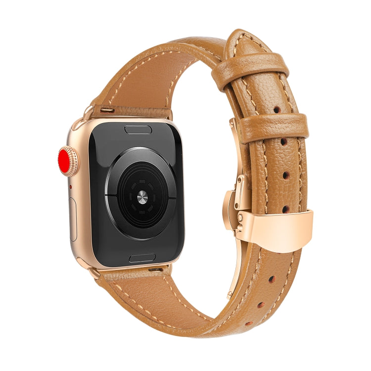 For Apple Watch Series 9 41mm Plain Leather Butterfly Buckle Watch Band(Brown+Rose Gold) - free shipping - PMC TechLife - Order now!