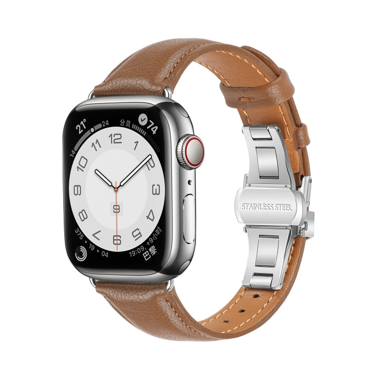 For Apple Watch Series 8 45mm Plain Leather Butterfly Buckle Watch Band(Dark Brown+Silver) - free shipping - PMC TechLife - Order now!