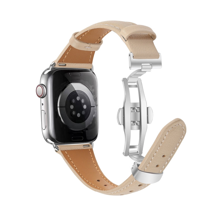 For Apple Watch Series 8 45mm Plain Leather Butterfly Buckle Watch Band(Apricot+Silver) - free shipping - PMC TechLife - Order now!