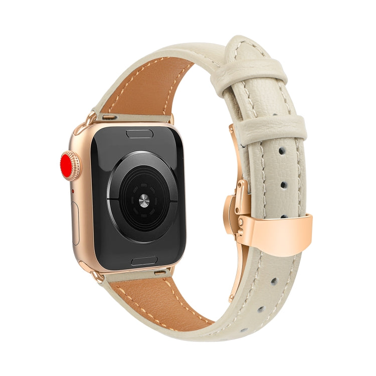 For Apple Watch Series 8 45mm Plain Leather Butterfly Buckle Watch Band(Beige+Rose Gold) - free shipping - PMC TechLife - Order now!