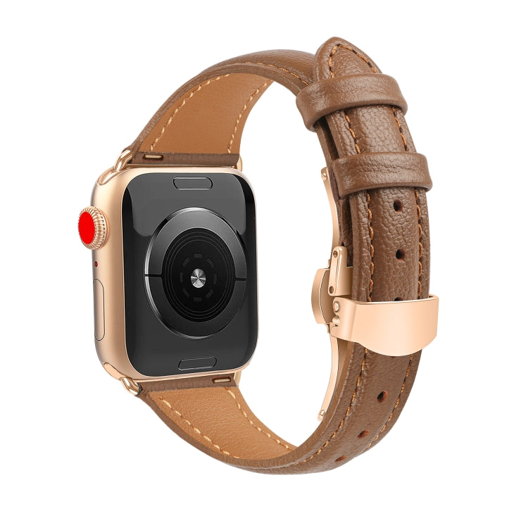 For Apple Watch SE 2022 40mm Plain Leather Butterfly Buckle Watch Band(Dark Brown+Rose Gold) - free shipping - PMC TechLife - Order now!