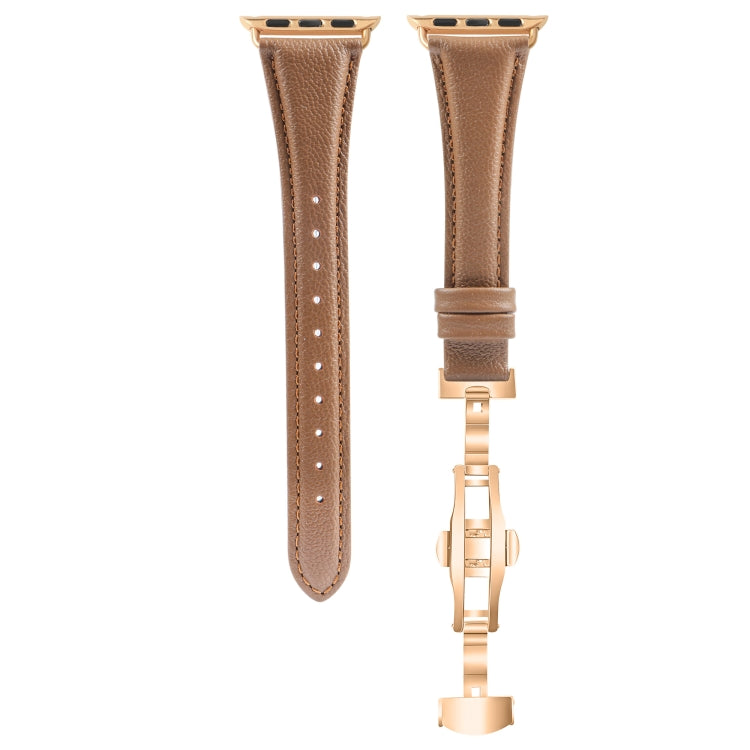 For Apple Watch SE 2022 44mm Plain Leather Butterfly Buckle Watch Band(Dark Brown+Rose Gold) - free shipping - PMC TechLife - Order now!