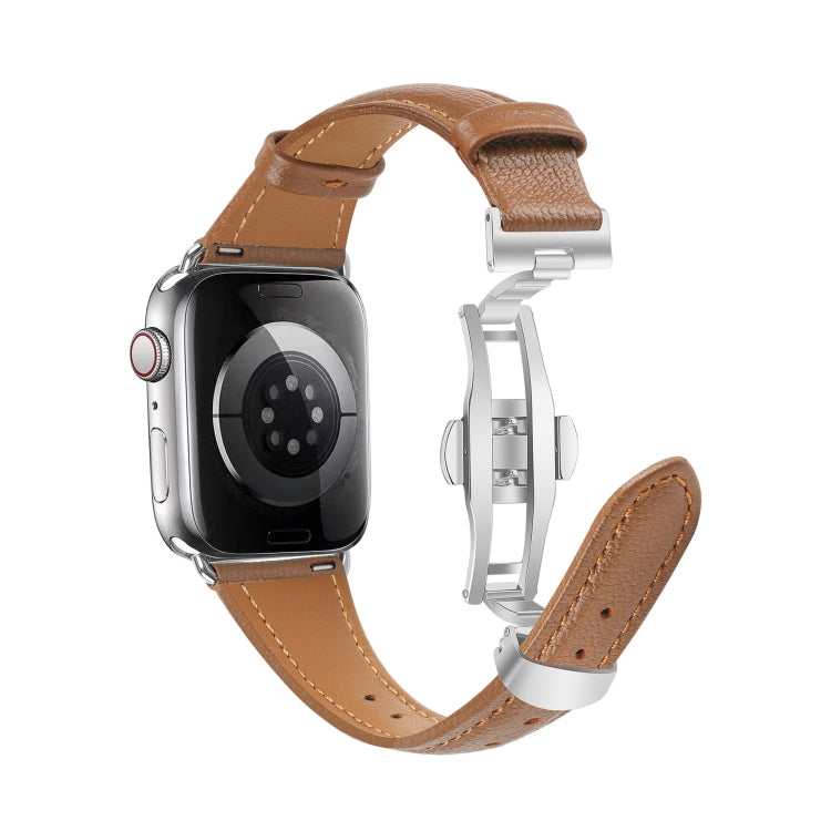 For Apple Watch Series 7 41mm Plain Leather Butterfly Buckle Watch Band(Dark Brown+Silver) - free shipping - PMC TechLife - Order now!
