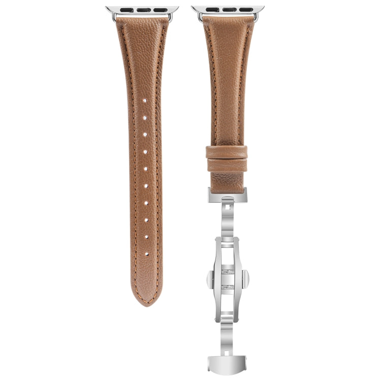 For Apple Watch Series 7 45mm Plain Leather Butterfly Buckle Watch Band(Dark Brown+Silver) - free shipping - PMC TechLife - Order now!